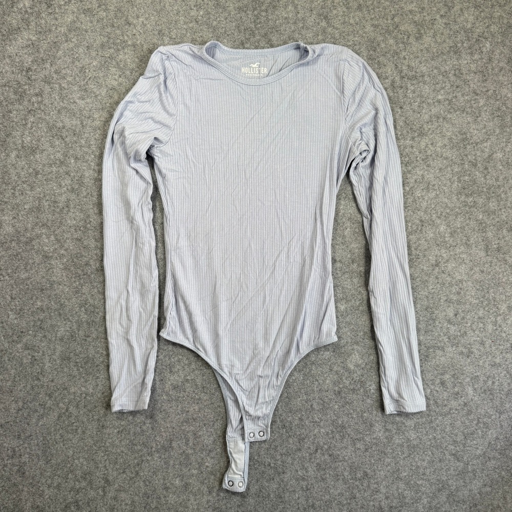 Hollister Womens Ribbed Long Sleeve Bodysuit S Light Blue Snap Closure Layering